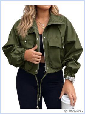 Plus Size Cropped Utility Anorak Jacket Zip Snap Lightweight